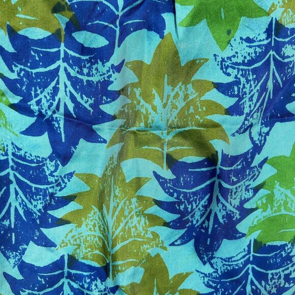 Silk Scarf by VERA Blue Green Botanical Leaf Print Rectangle Hand Rolled Edges - Picture 2 of 5